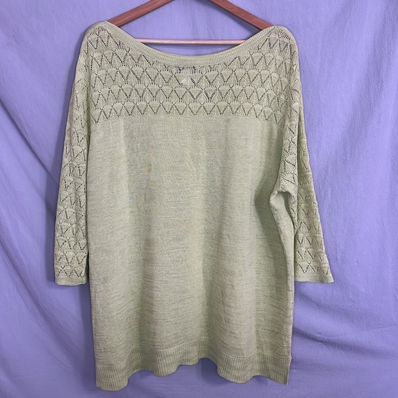 CJ Banks Chartreuse Green Open Knit Yoke and Sleeve, Tunic Sweater in 3X - Picture 5 of 14